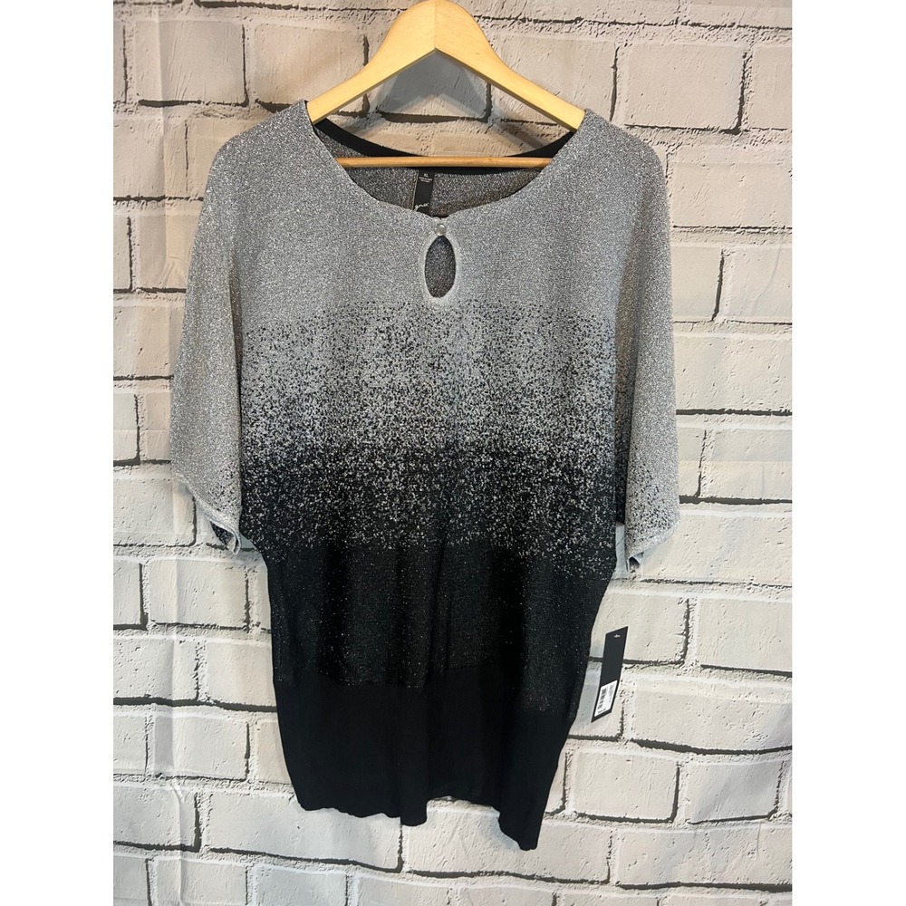 Gnw Silver Black Ombre Metallic Knit Batwing Sweater Top Keyhole Neck XL NWT